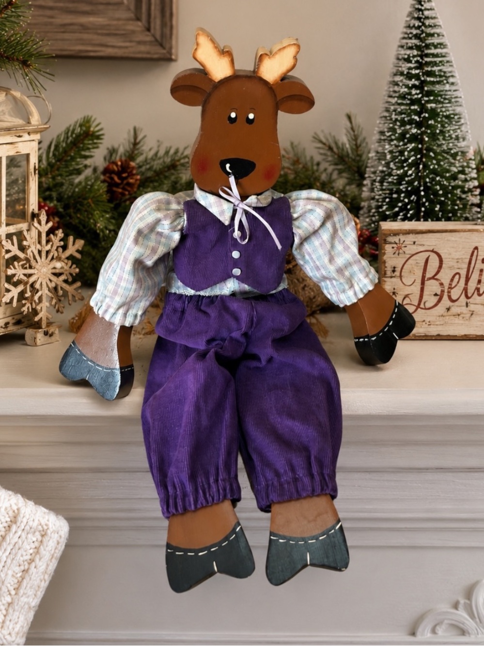 Vtg Handmade Wooden Reindeer Doll Folk Art Decoration Dangly Limbs Purple 16”